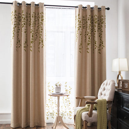 White Flower Grommet Window Drape Burgundy Blackout Embroidered Linen Curtains for Living Room (1 Panel)