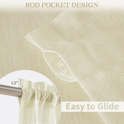 Modern Beige Natural Linen Look Rod Pocket Sheer Curtains for Sliding Glass Door(2 Panels)