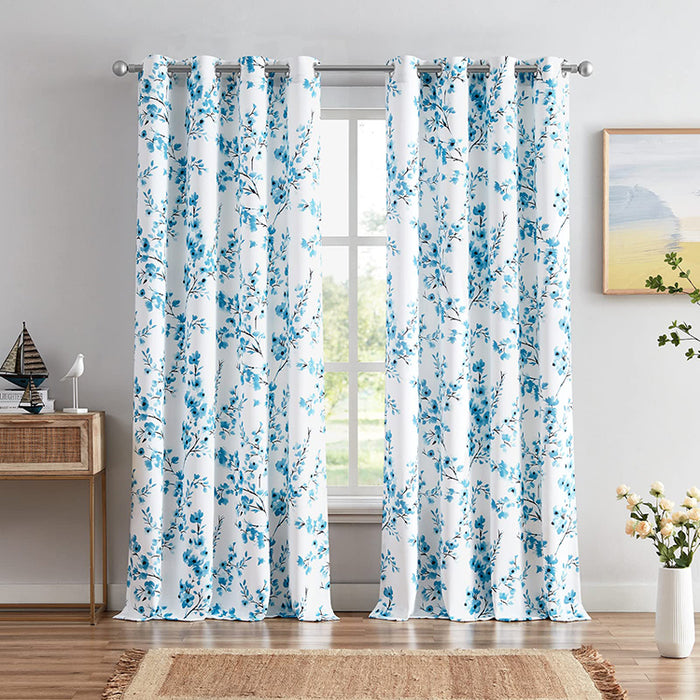 Farmhouse Blue Apricot Flower Print White Decorative Grommet Drapes Flora 63 Inch Length Curtains for Living Room(2 Panels)