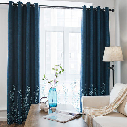 Single Panel Decorative Drape Faux Linen Blend Blue Floral Embroidered Curtains (1 Panel)
