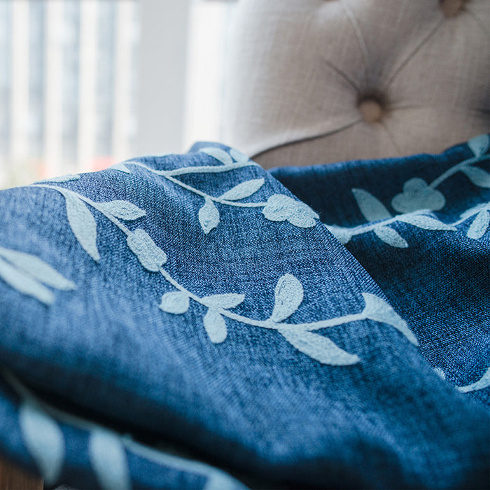 Melodieux Blue Flower Embroidered Linen Curtains