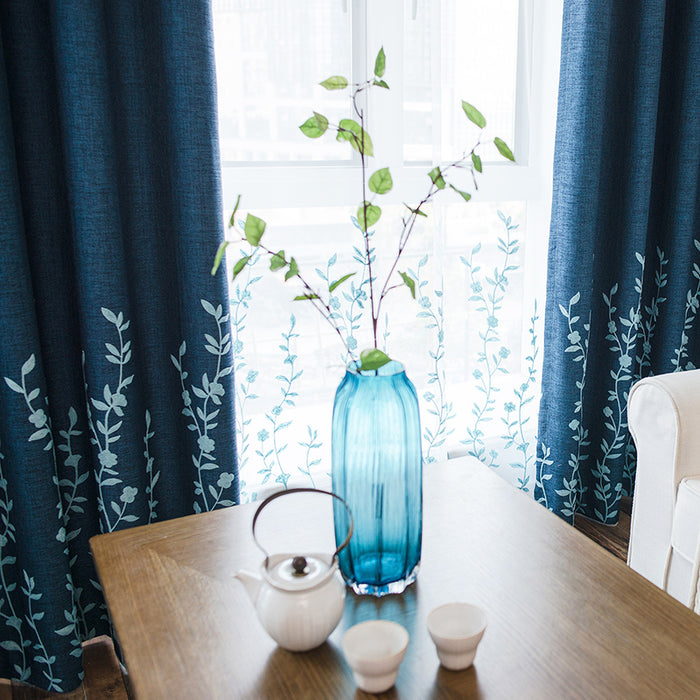 Single Panel Decorative Drape Faux Linen Blend Blue Floral Embroidered Curtains (1 Panel)