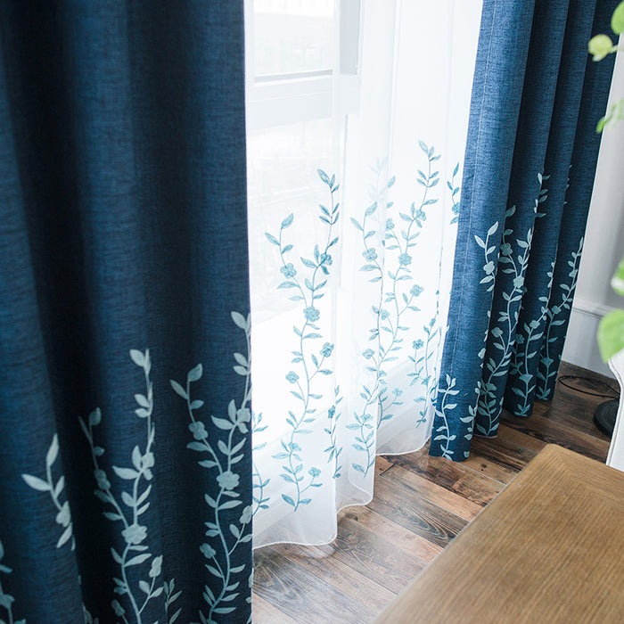 2 panels Blue Flower Embroidered Curtains