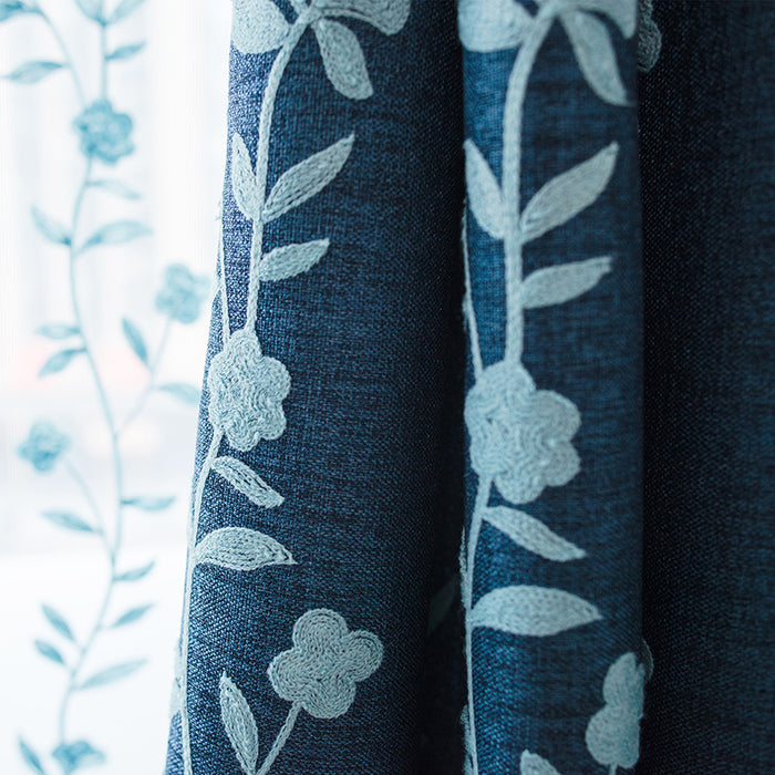 Melodieux Farmhouse Blue Flower Embroidered Curtains