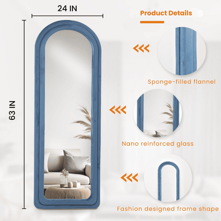 Decorative Soft Fabric Velvet Blue Wavy Arched Floor Mirrors