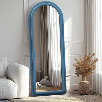 Decorative Soft Fabric Velvet Blue Wavy Arched Floor Mirror