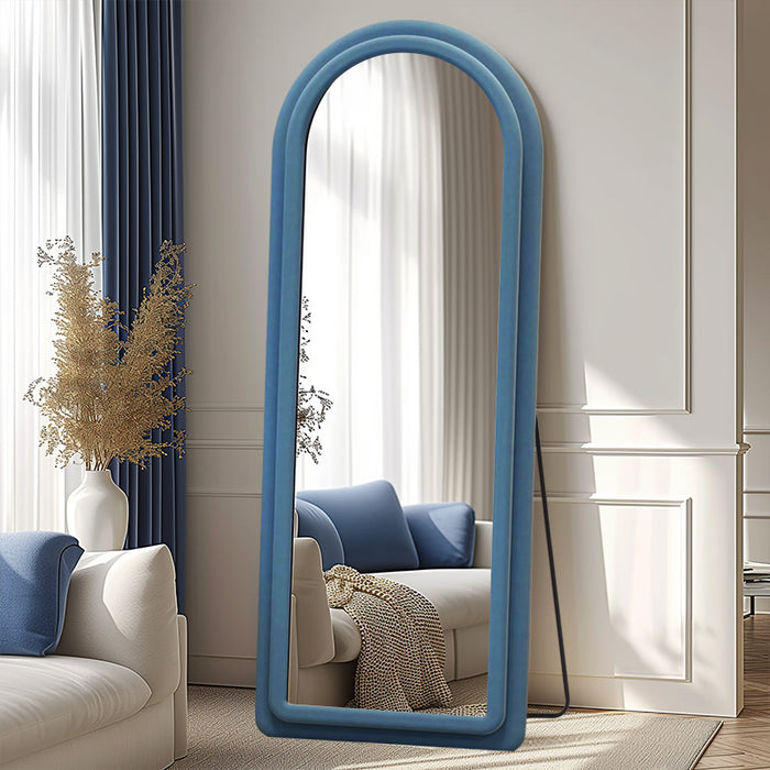 Decorative Soft Fabric Velvet Blue Wavy Arched Floor Mirrors