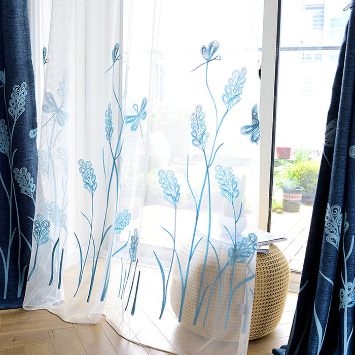 Wide Window Rod Pocket Voile Drape Wheat Embroidery Sheer Curtain for Living Room(1 Panel)