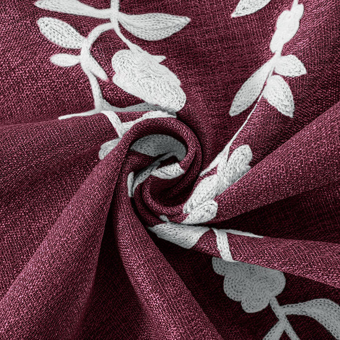 White Flower Grommet Window Drape Burgundy Blackout Embroidered Linen Curtains for Living Room (1 Panel)