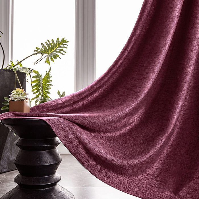 White Flower Grommet Window Drape Burgundy Blackout Embroidered Linen Curtains for Living Room (1 Panel)