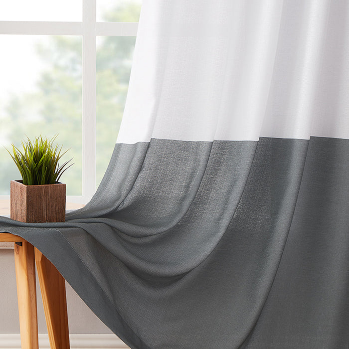 Farmhouse Faux Linen Color Block Striped White Grey Sheer Curtains Melodieux (2 Panels)