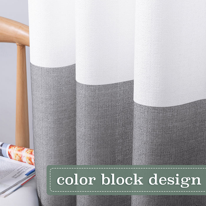 Farmhouse Faux Linen Color Block Striped White Grey Sheer Curtains Melodieux (2 Panels)