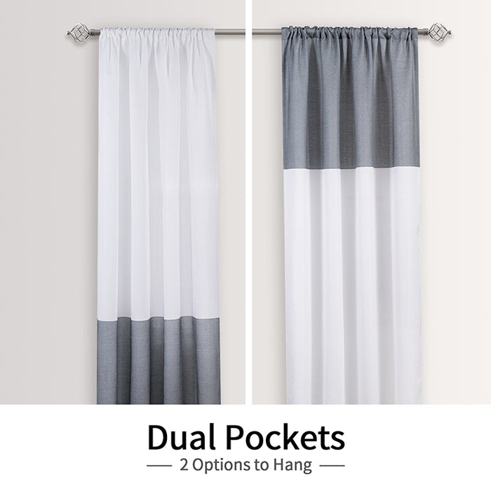 Farmhouse Faux Linen Color Block Striped White Grey Sheer Curtains Melodieux (2 Panels)