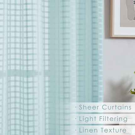 Buffalo Check Plaid Gingham Cotton Textured Blue Sheer Curtains for Farmhouse (2 Panels)