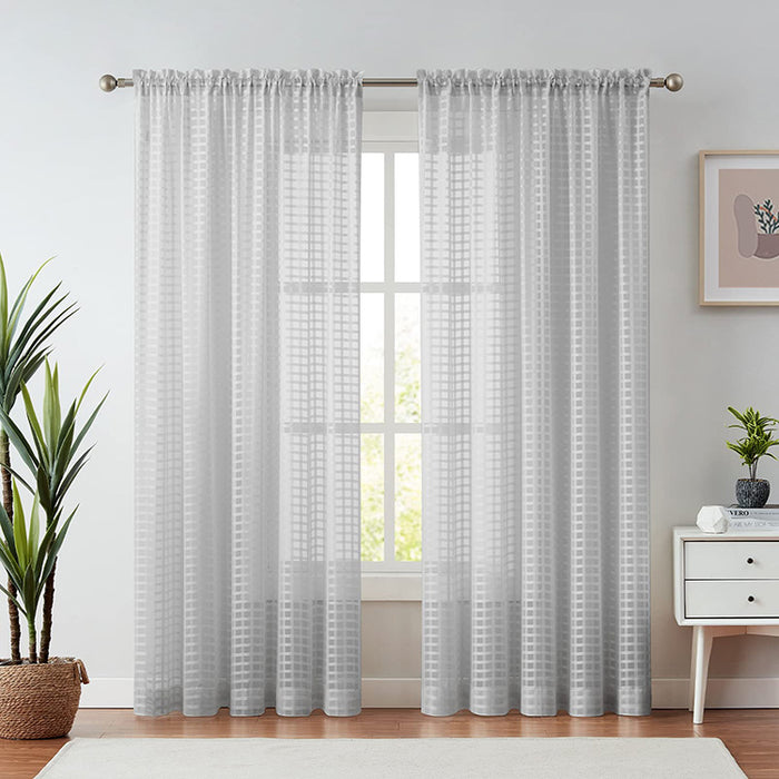 Buffalo Check Plaid Gingham Cotton Textured Blue Sheer Curtains for Farmhouse (2 Panels)