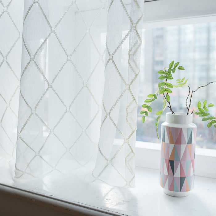 Rod Pocket Chic Diamond Pattern White Embroidered Sheer Curtains for Living Room Window Decor (2 Panels)