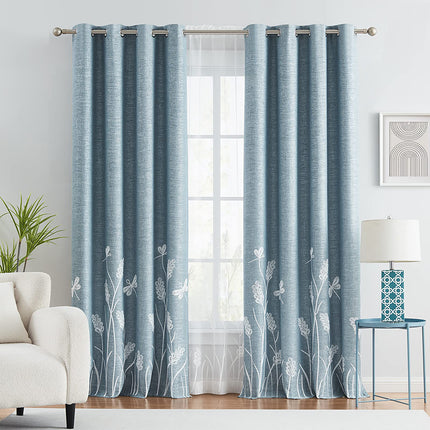 96 inch White Wheat Patio Door Large Window Drape Faux Linen Aqua Blue Embroidery Curtains with Grommets (1 Panel)