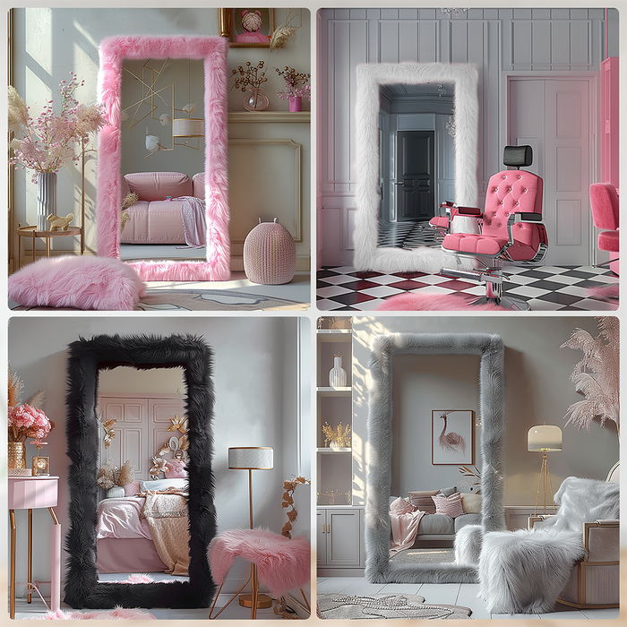 White Faux Fur Wrapped Frame Living Room Large Decorative Floor Mirror for Bedroom Cloak Room