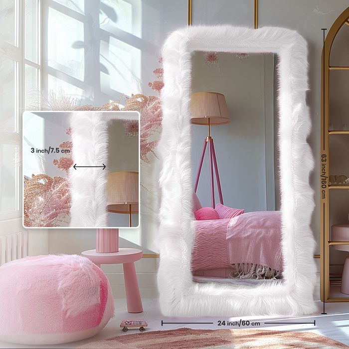 White Faux Fur Wrapped Frame Living Room Large Decorative Floor Mirror for Bedroom Cloak Room