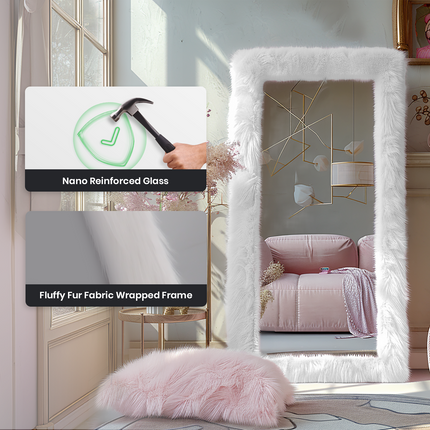 White Faux Fur Wrapped Frame Living Room Large Decorative Floor Mirror for Bedroom Cloak Room