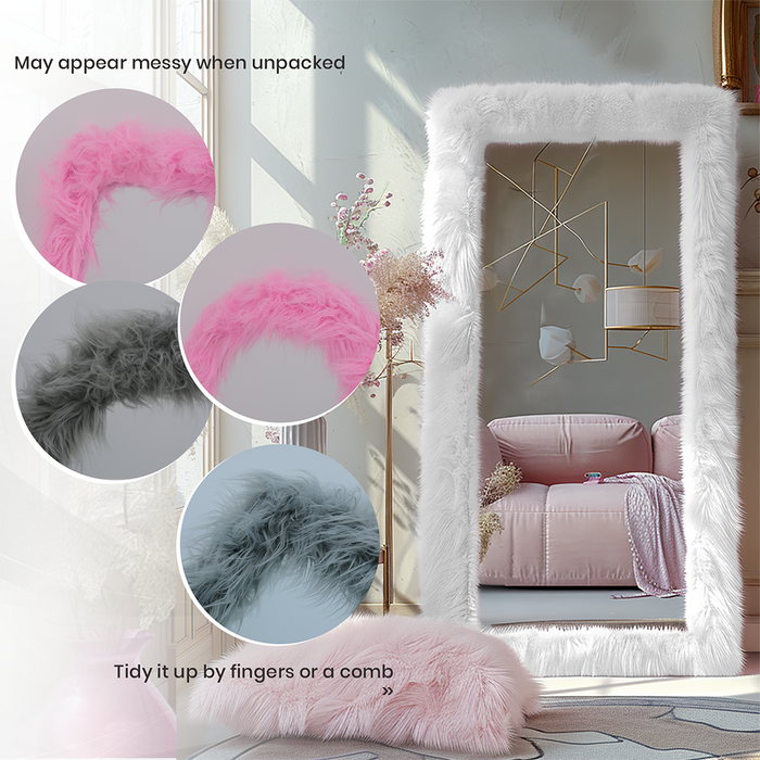 White Faux Fur Wrapped Frame Living Room Large Decorative Floor Mirror for Bedroom Cloak Room