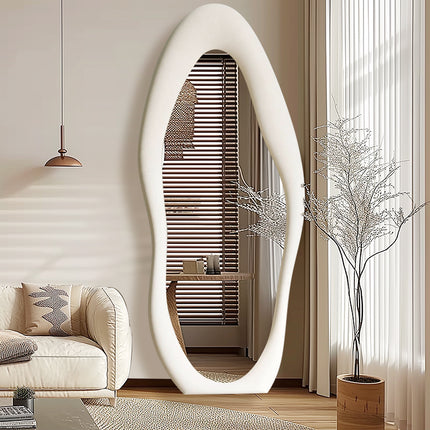 White Flannel Wrapped Frame Irregular Wavy Design Full Length Mirrors for Living Room