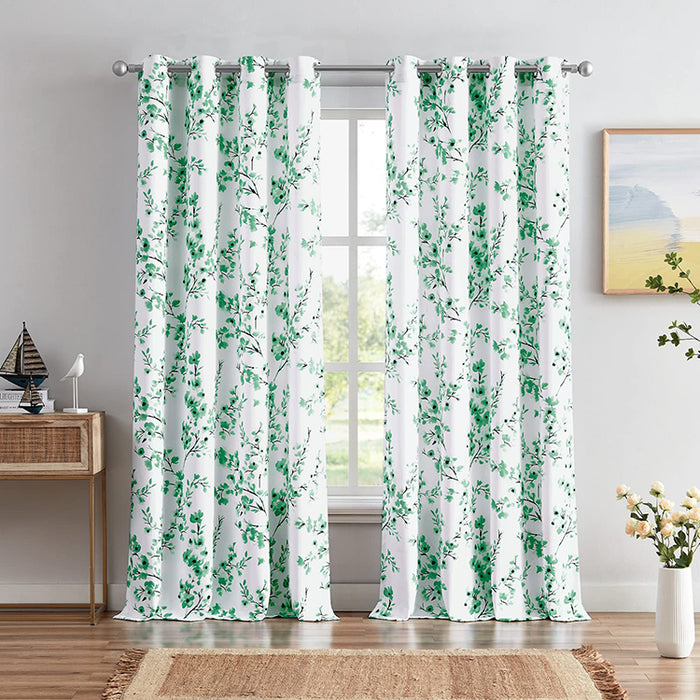 Farmhouse Blue Apricot Flower Print White Decorative Grommet Drapes Flora 63 Inch Length Curtains for Living Room(2 Panels)