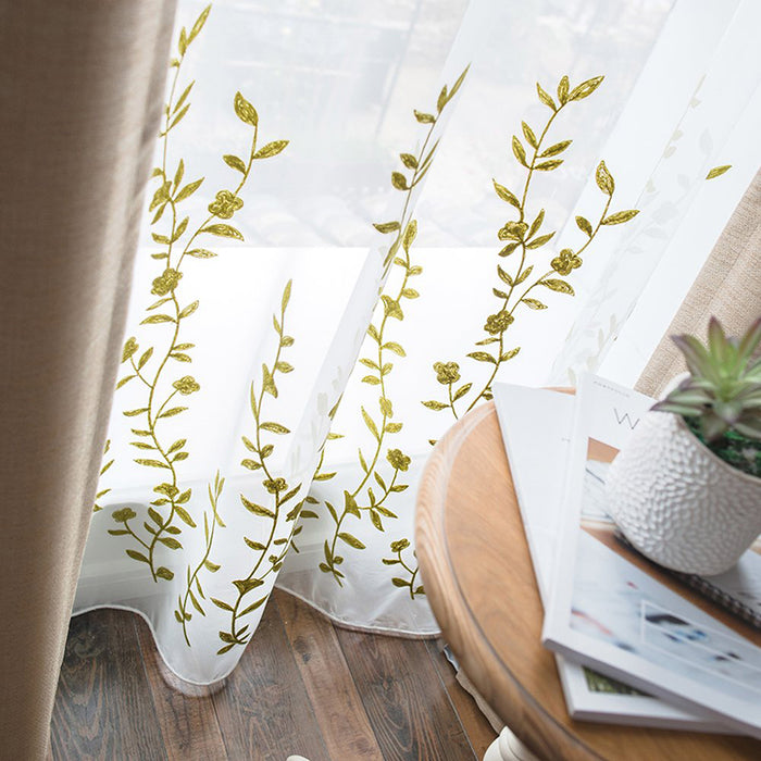 Melodieux Embroidered Flower Sheer Curtain Rod Pocket Farmhouse Style Voile Drape for Living Rooms (Single Panel)