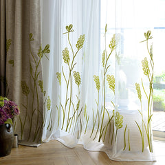 Wide Window Rod Pocket Voile Drape Wheat Embroidery Sheer Curtain for Living Room(1 Panel)