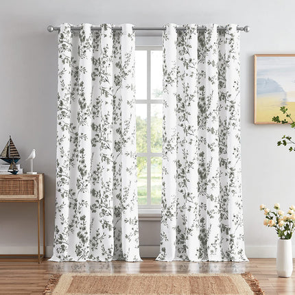 Farmhouse Blue Apricot Flower Print White Decorative Grommet Drapes Flora 63 Inch Length Curtains for Living Room(2 Panels)