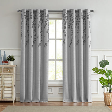 Melodieux Grey Flower Room Darkening Embroidered Curtains