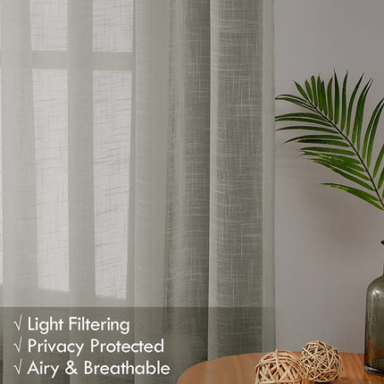 Light Filtering Cotton Textured Slub Fabric Grey Sheer Curtains for Dining Room (2 Panels)