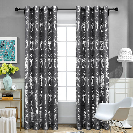 Grey Blackout Grommet Curtain with Silver Printing Design for Bedroom Decor (2 Panels)
