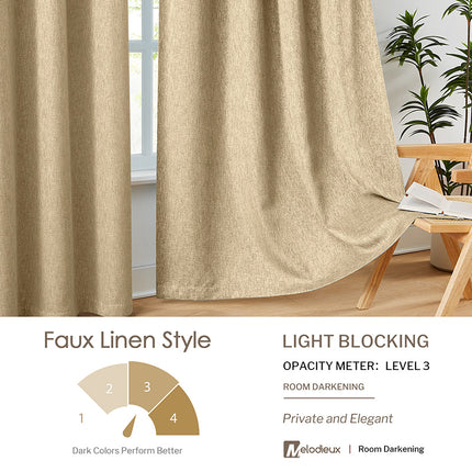 Vintage Room Darkening Grommet Beige Linen Textured Curtains for Living Room (2 Panels)