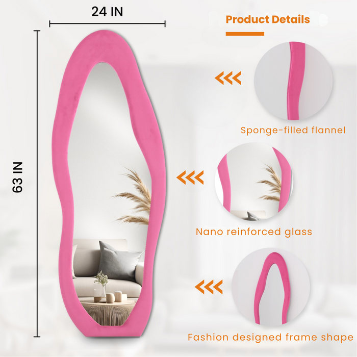 Flannel Wrapped Frame Irregular Wavy Design Full Length Mirrors for Living Room