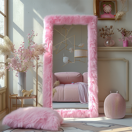 Custom Chic Pink Faux Fur Framed Full Length Mirrors for Cloakroom Bedroom