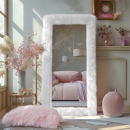 White Faux Fur Wrapped Frame Living Room Large Decorative Floor Mirror for Bedroom Cloak Room