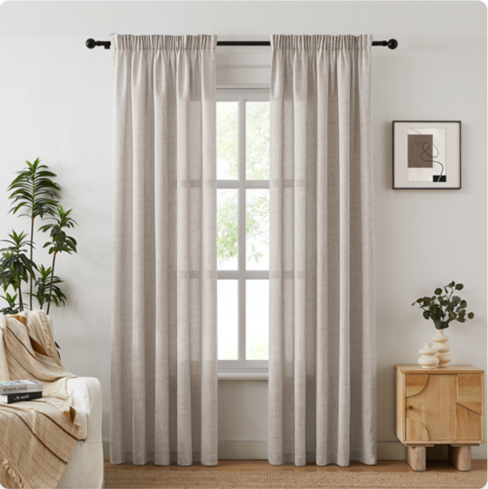 Melodieux Gardinen mit Kräuselband - Beige Leinen Optik Vorhänge Schlafzimmer 2er Set, 210x140cm, Halbfrei Vorhänge Schienensystem für Wohnzimmer, Kinderzimmer, Fenster