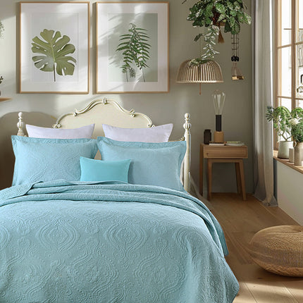 Blauer Damast Bettdecke-Quilt-Set 3-teiliges leichtes umkehrbares Baumwoll-Übergroßes geste pptes Bettwäsche-Set für die ganze Saison