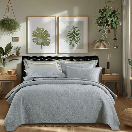 Blauer Damast Bettdecke-Quilt-Set 3-teiliges leichtes umkehrbares Baumwoll-Übergroßes geste pptes Bettwäsche-Set für die ganze Saison