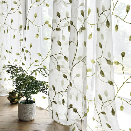Elegance Ivy Leaf Semi Voile Rod Pocket Embroidered Sheer Curtains-Melodieux (2 Panels)