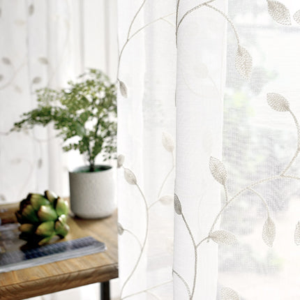 Elegance Ivy Leaf Semi Voile Rod Pocket Embroidered Sheer Curtains-Melodieux (2 Panels)