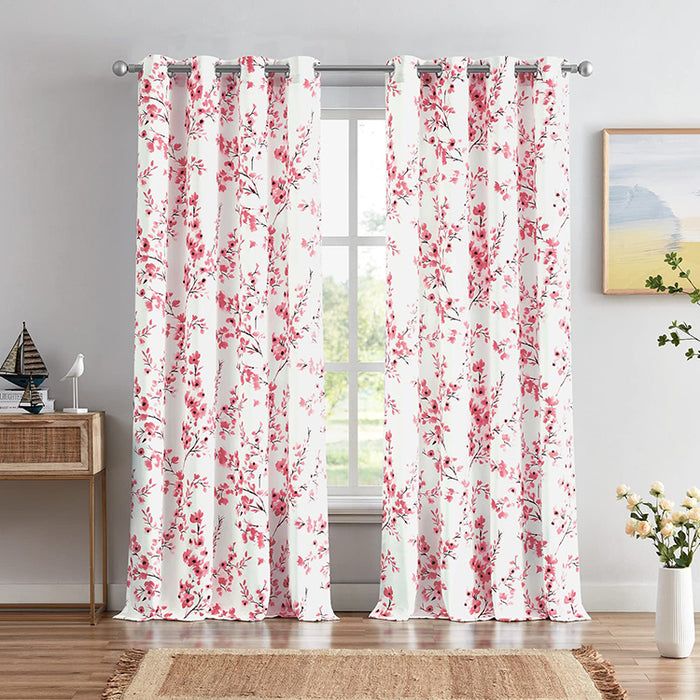 Farmhouse Blue Apricot Flower Print White Decorative Grommet Drapes Flora 63 Inch Length Curtains for Living Room(2 Panels)