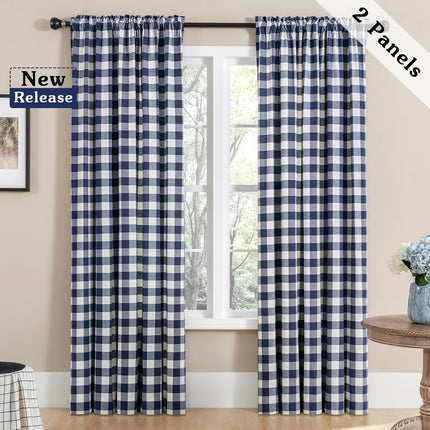 Blue Grid cotton blackout curtains for living room