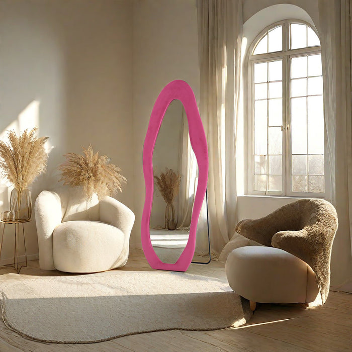 Flannel Wrapped Frame Irregular Wavy Design Full Length Mirrors for Living Room