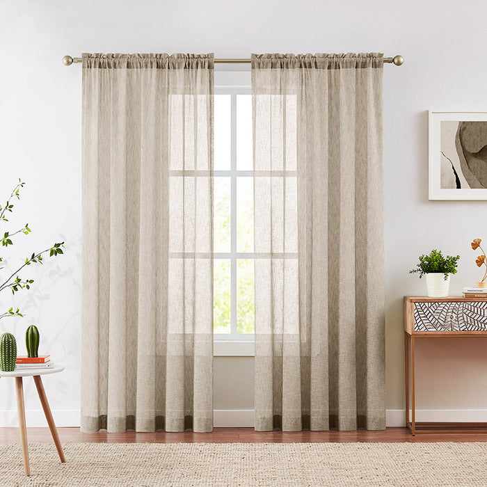 Modern Beige Natural Linen Look Rod Pocket Sheer Curtains for Sliding Glass Door(2 Panels)
