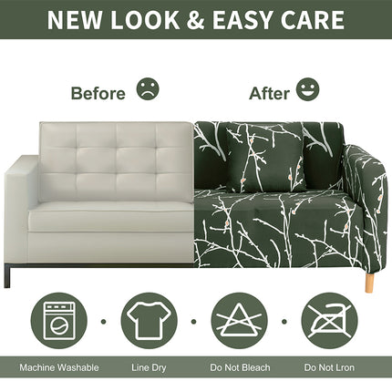 Stretch-Sofabezüge 3-Sitzer und Zweisitzer Green Leaves bedruckter Couchbezug Universelle elastische Sofabezüge für 3 Kissensofas