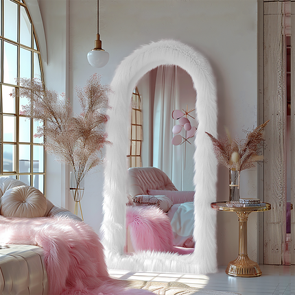 White Faux Fur Wrapped Frame Living Room Large Decorative Floor Mirror for Bedroom Cloak Room