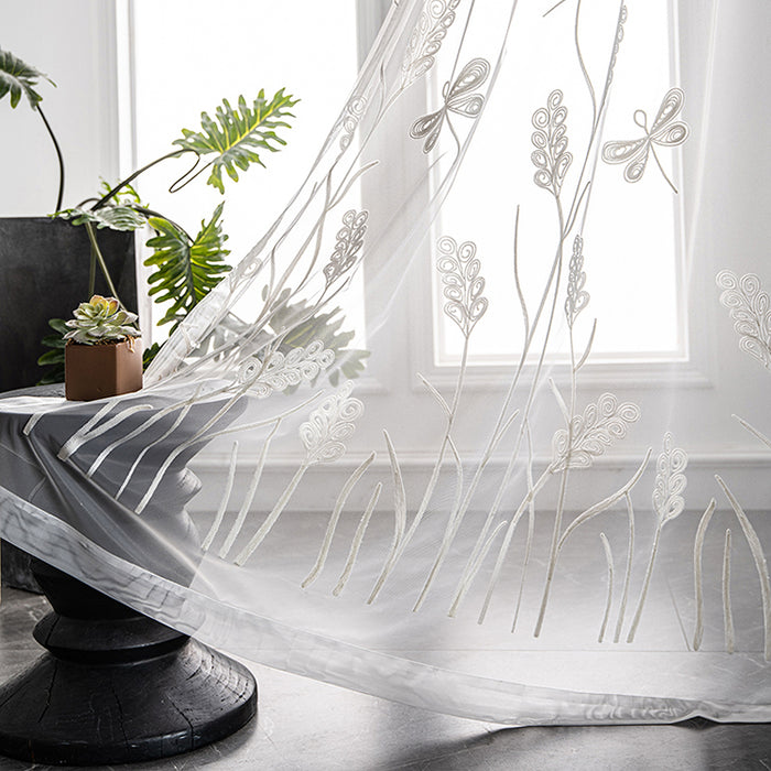 Wide Window Rod Pocket Voile Drape Wheat Embroidery Sheer Curtain for Living Room(1 Panel)