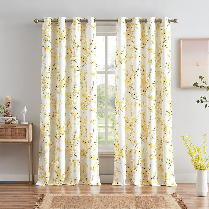 Farmhouse Blue Apricot Flower Print White Decorative Grommet Drapes Flora 63 Inch Length Curtains for Living Room(2 Panels)